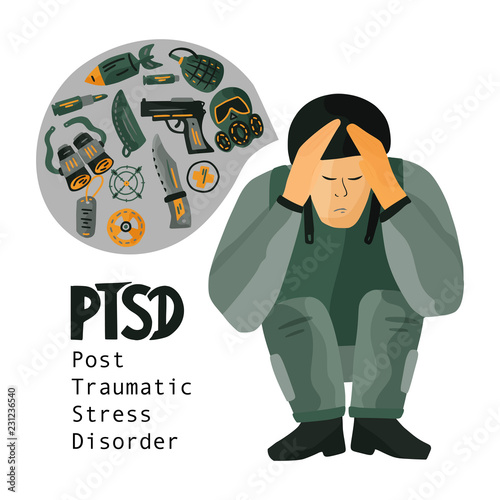 PTSD. Post traumatic stress disorder vector illustration.