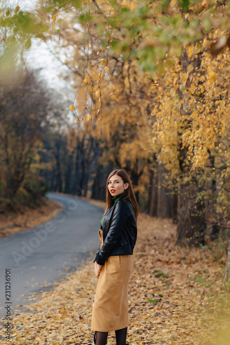 cozy stylish young girl walk at autumn park