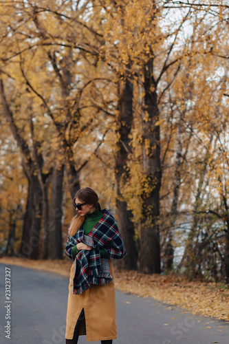 cozy stylish young girl walk at autumn colorful park © pressahotkey
