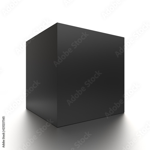 Black cube blank box from front side angle. 3D illustration isolated on white background.