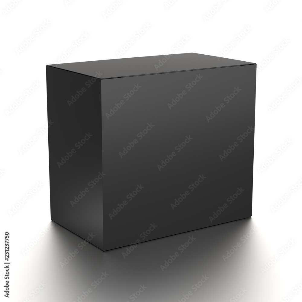 Black horizontal blank box from front side far angle. 3D illustration isolated on white background.