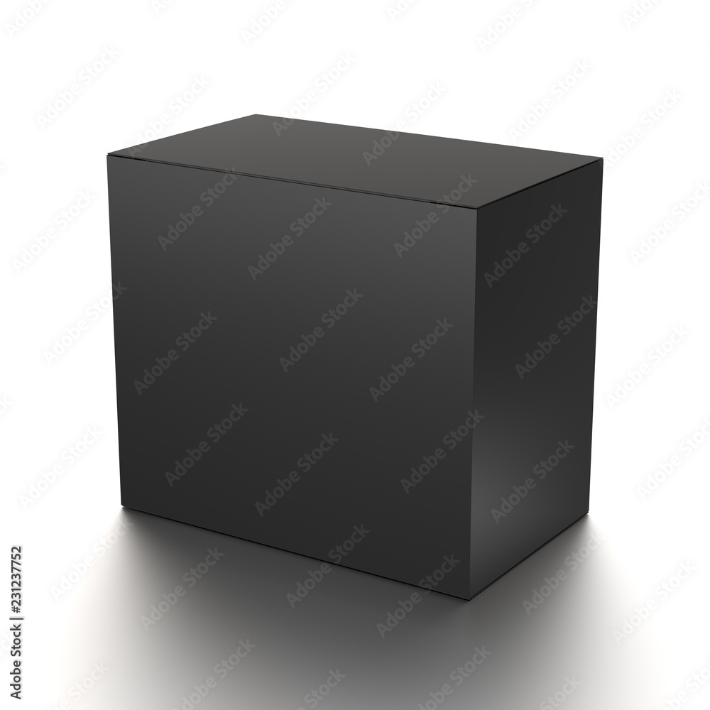 Black horizontal blank box from front top side angle. 3D illustration isolated on white background. Black horizontal blank box from front top side angle. 3D illustration isolated on white background.