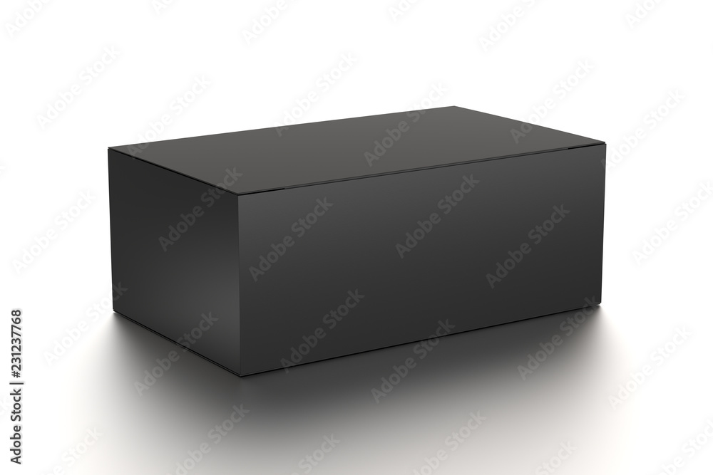 Black horizontal blank box from front side far angle. 3D illustration isolated on white background.