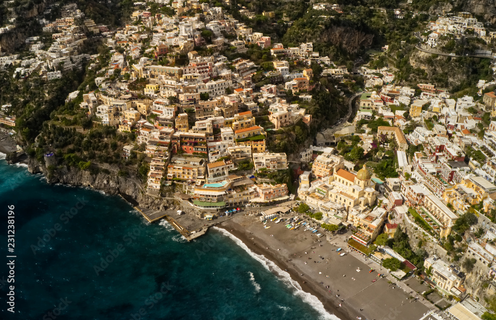 Positano beach, church and central part of the town
