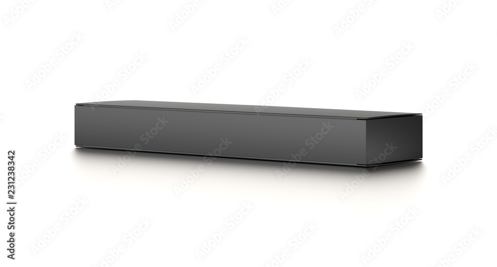 Black long horizontal thin blank box from top side far angle. 3D illustration isolated on white background. Black long horizontal thin blank box from top side far angle. 3D illustration isolated on white background.