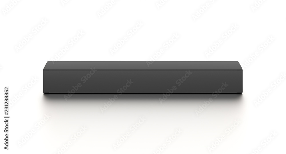 Black long horizontal thin blank box from front top far angle. 3D illustration isolated on white background. Black long horizontal thin blank box from front top far angle. 3D illustration isolated on white background.