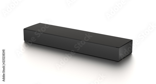 Black long horizontal thin blank box from front top side angle. 3D illustration isolated on white background.