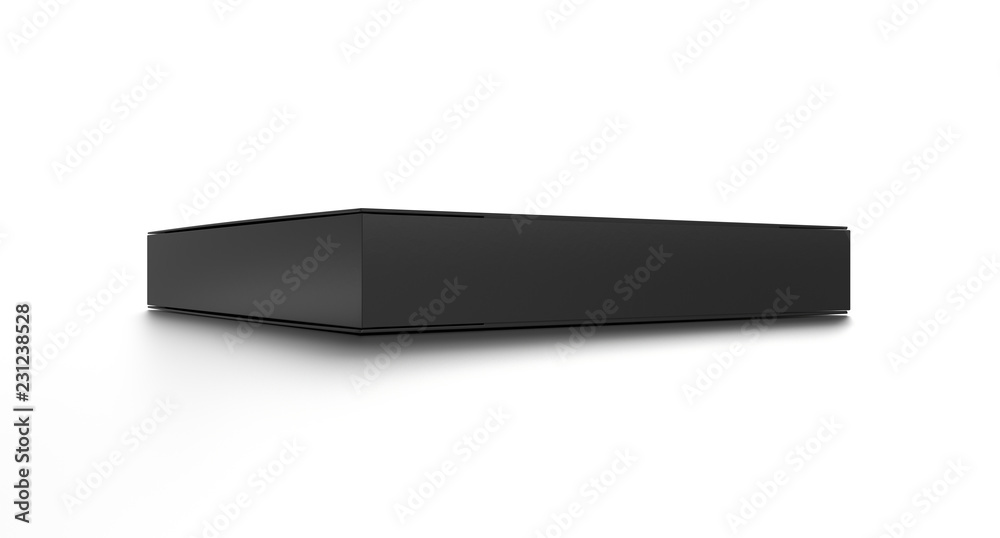 Black horizontal thin blank box from front side angle. 3D illustration isolated on white background. Black horizontal thin blank box from front side angle. 3D illustration isolated on white background.