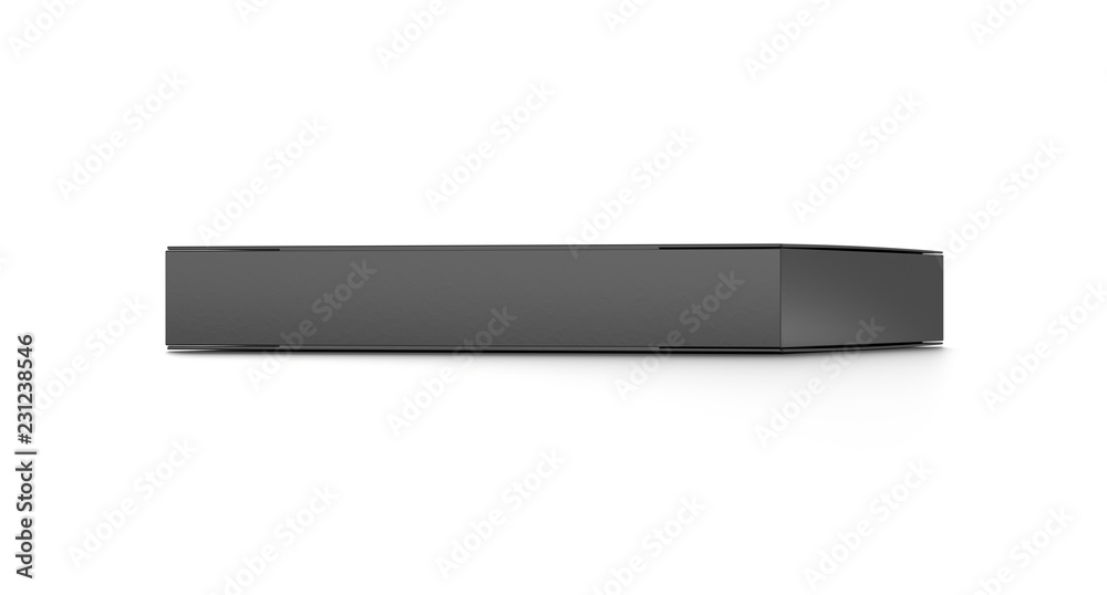 Black horizontal thin blank box from front far angle. 3D illustration isolated on white background. Black horizontal thin blank box from front far angle. 3D illustration isolated on white background.