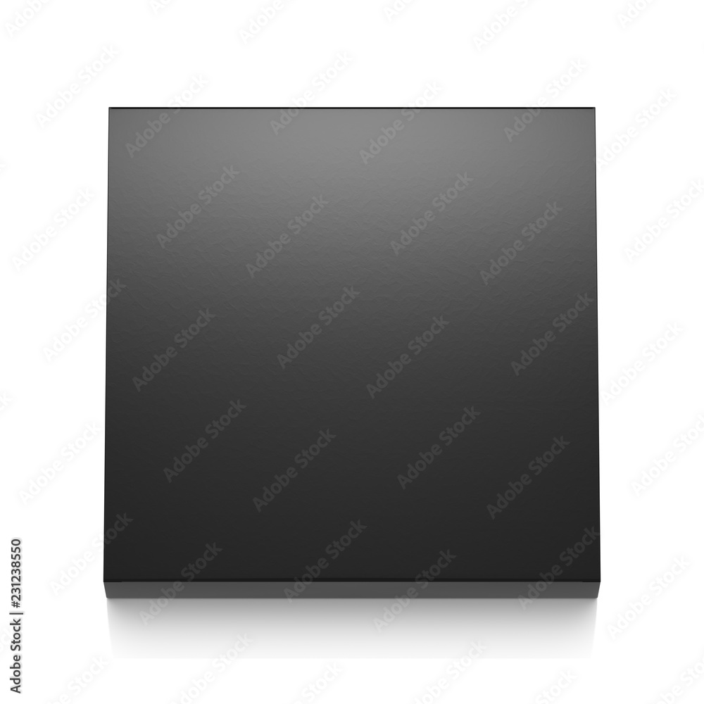 Black horizontal thin blank box from top far angle. 3D illustration isolated on white background. Black horizontal thin blank box from top far angle. 3D illustration isolated on white background.
