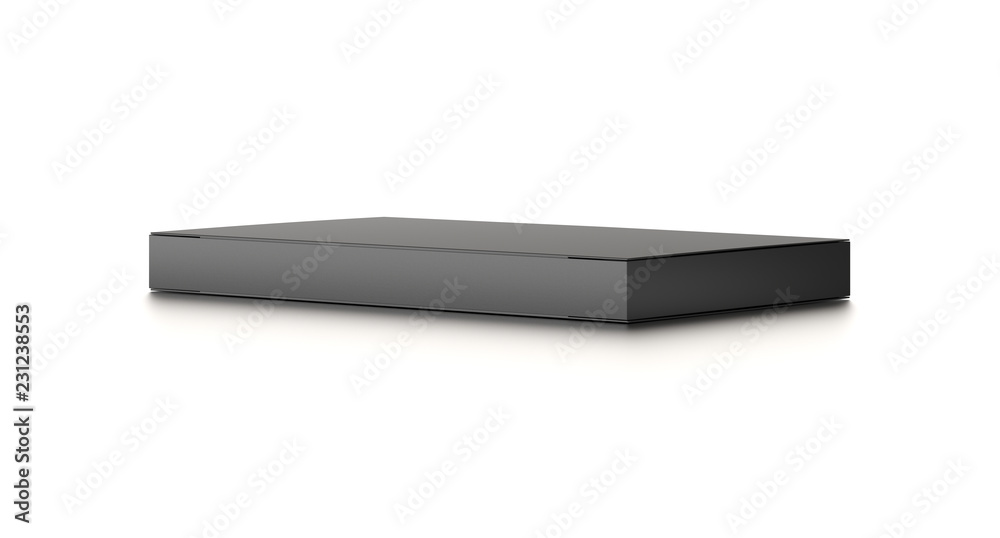 Black horizontal thin blank box from top side far angle. 3D illustration isolated on white background. Black horizontal thin blank box from top side far angle. 3D illustration isolated on white background.