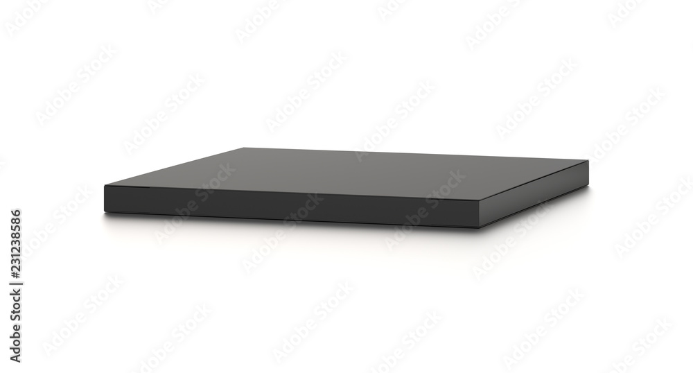 Black horizontal thin blank box from front top far angle. 3D illustration isolated on white background. Black horizontal thin blank box from front top far angle. 3D illustration isolated on white background.