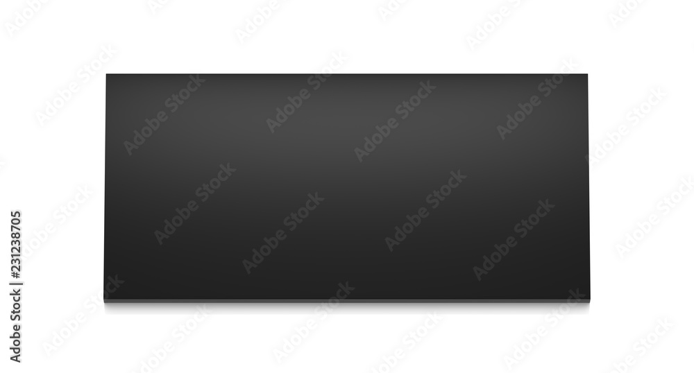 Black horizontal thin blank box from top far angle. 3D illustration isolated on white background. Black horizontal thin blank box from top far angle. 3D illustration isolated on white background.
