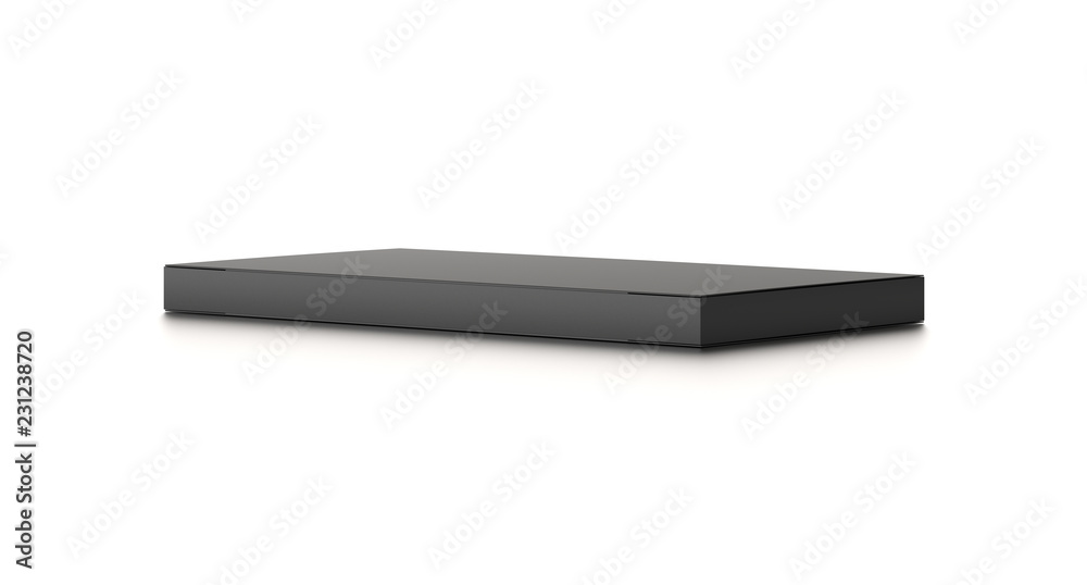 Black horizontal thin blank box from top side far angle. 3D illustration isolated on white background. Black horizontal thin blank box from top side far angle. 3D illustration isolated on white background.