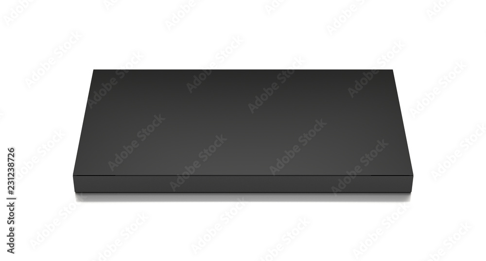 Fototapeta premium Black horizontal thin blank box from front top angle. 3D illustration isolated on white background.