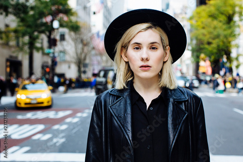 Portrait of young woman with hat wearing black, New York City