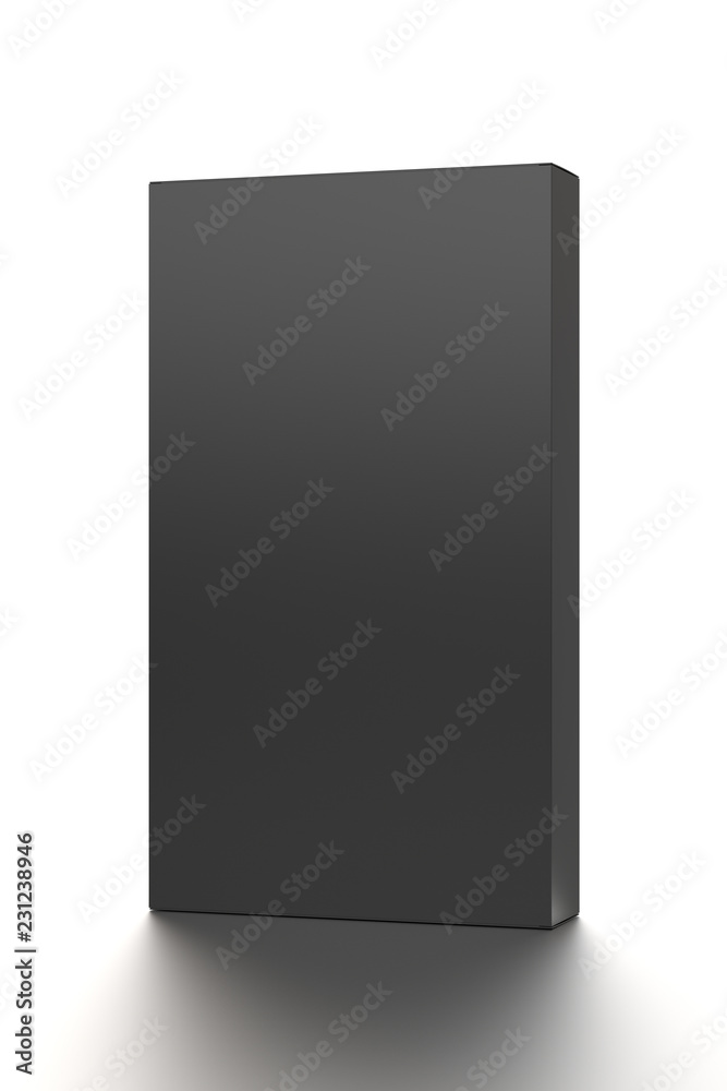 Black vertical blank box from front far angle. 3D illustration isolated on white background. Black vertical blank box from front far angle. 3D illustration isolated on white background.