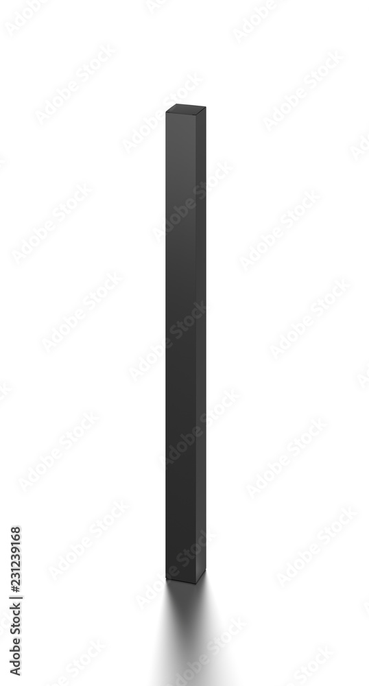 Black long vertical blank box from front top far angle. 3D illustration isolated on white background. Black long vertical blank box from front top far angle. 3D illustration isolated on white background.