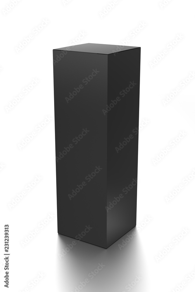 Black long vertical blank box from front top side angle. 3D illustration isolated on white background. Black long vertical blank box from front top side angle. 3D illustration isolated on white background.