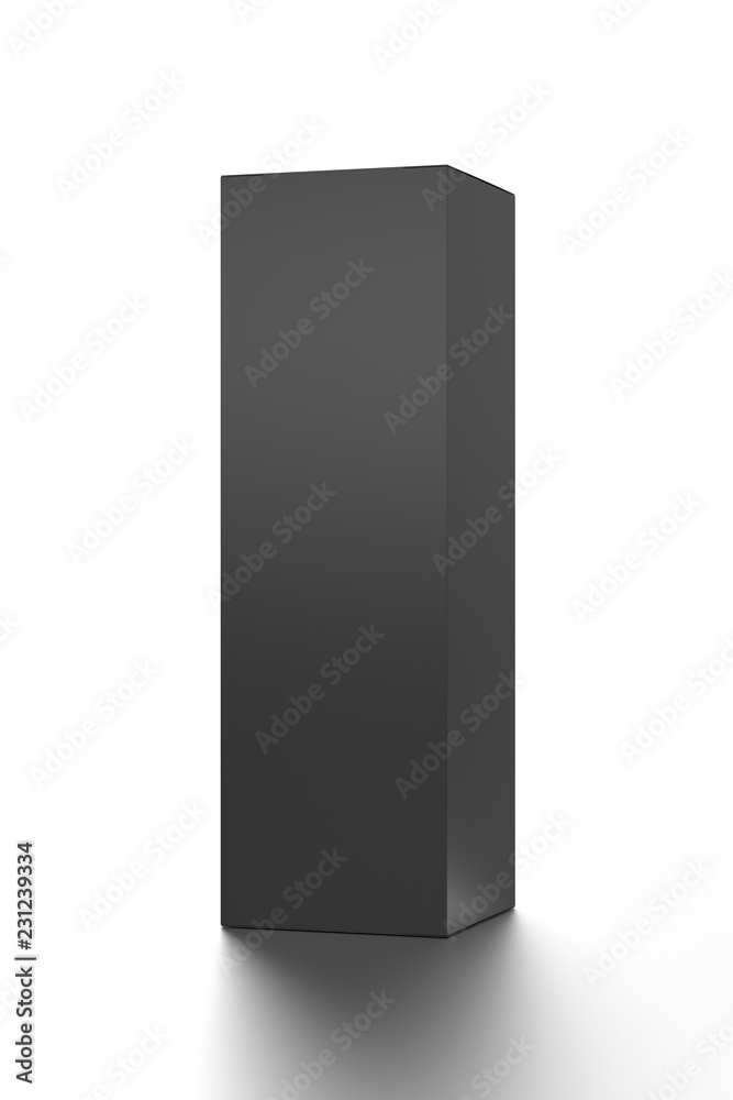 Black long vertical blank box from front far angle. 3D illustration isolated on white background. Black long vertical blank box from front far angle. 3D illustration isolated on white background.