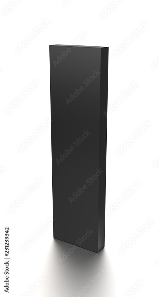Black long vertical blank box from front top side angle. 3D illustration isolated on white background. Black long vertical blank box from front top side angle. 3D illustration isolated on white background.