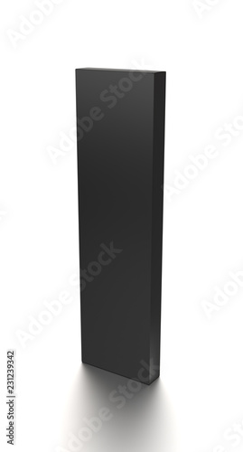 Black long vertical blank box from front top side angle. 3D illustration isolated on white background.