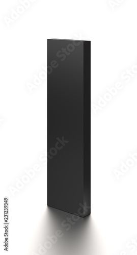 Black long vertical blank box from top side far angle. 3D illustration isolated on white background.