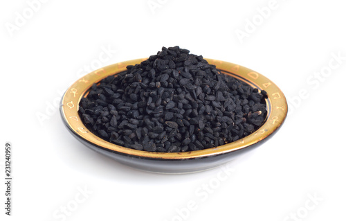 Seed of Nigella sativa or fennel flower, nutmeg flower, black caraway, Roman coriander, black cumin, blackseed, black caraway, Bunium persicum. Isolated