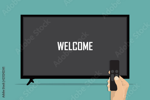 Hand holding television remote and directs it to TV