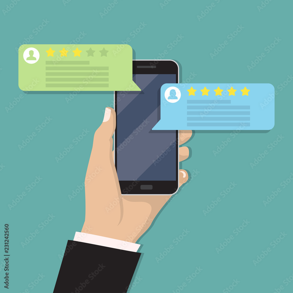 Hand holding smartphone with review rating in a flat design Hand holding smartphone with review rating in a flat design