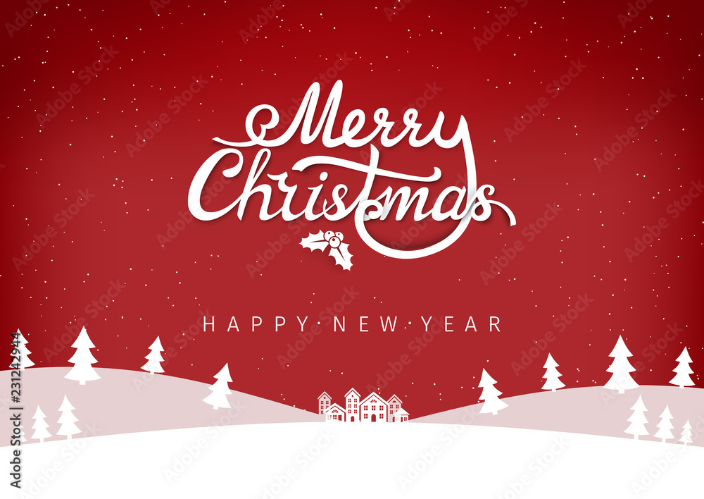 custom made wallpaper toronto digitalFlat winter landscape background with falling snow. Snowy hills with trees and houses. Merry Christmas calligraphy label on the red holiday background. Minimal scenery backdrop. Vector Illustration.