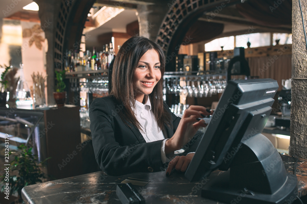 Φωτογραφία small business, people and service concept - happy woman or waiter or manager in