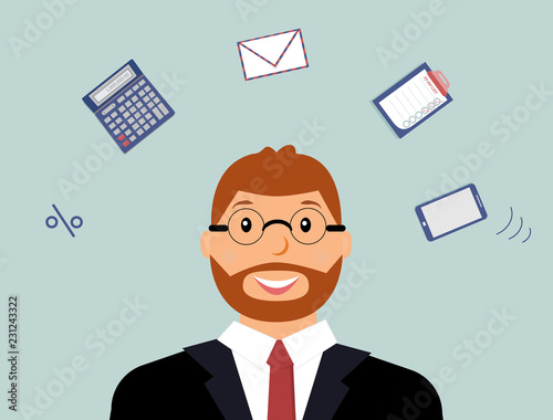 Very busy courageous accountant with many thoughts about work. There is a calculator, interest, envelope, mobile phone and to do list. Vector illustration