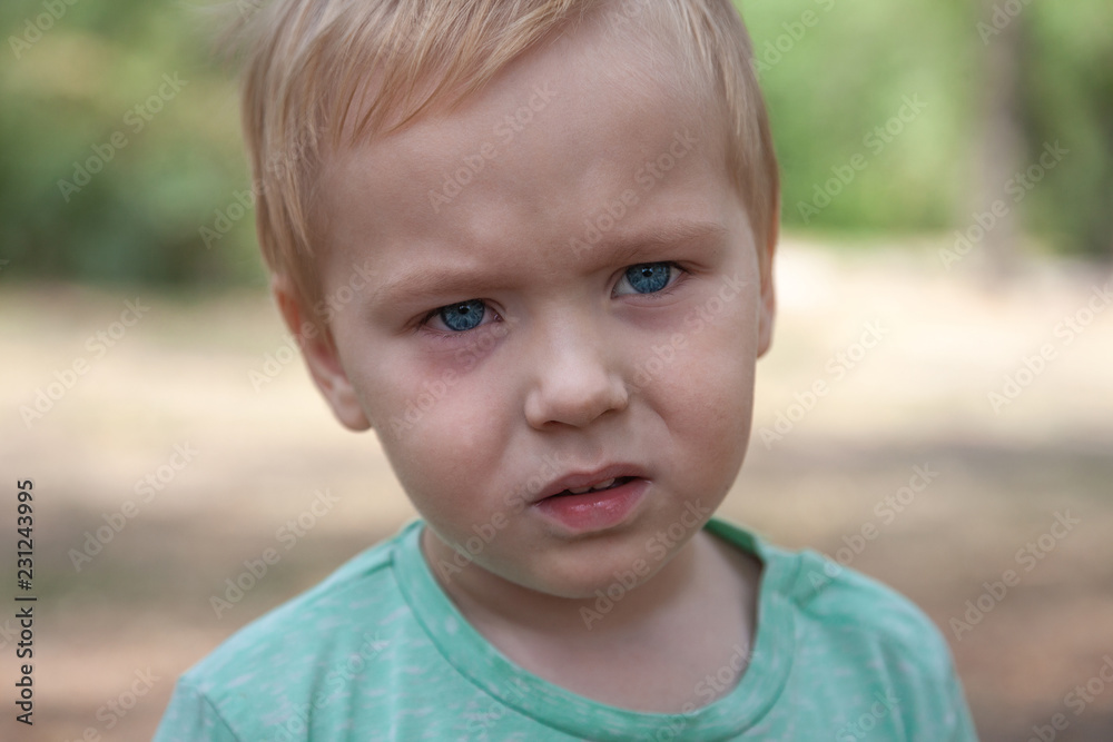 Close up portrait of cute caucasian baby boy with serious expression in blue eyes. Moment of tears. Blonde hair. Outdoors, copy space. Close up portrait of cute caucasian baby boy with serious expression in blue eyes. Moment of tears. Blonde hair. Outdoors, copy space.