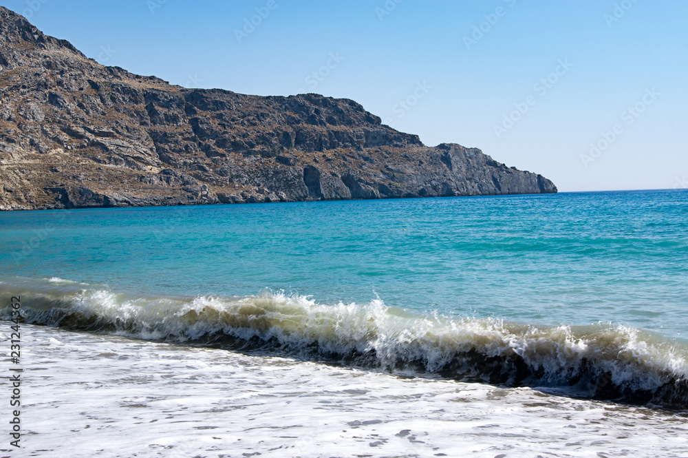 Beach of Libyan sea in Plakias resort, Crete island, Greece