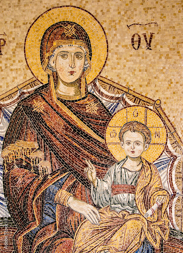 Byzantine mosaic of Madonna and Child, Preveli monastery, Crete island, Greece