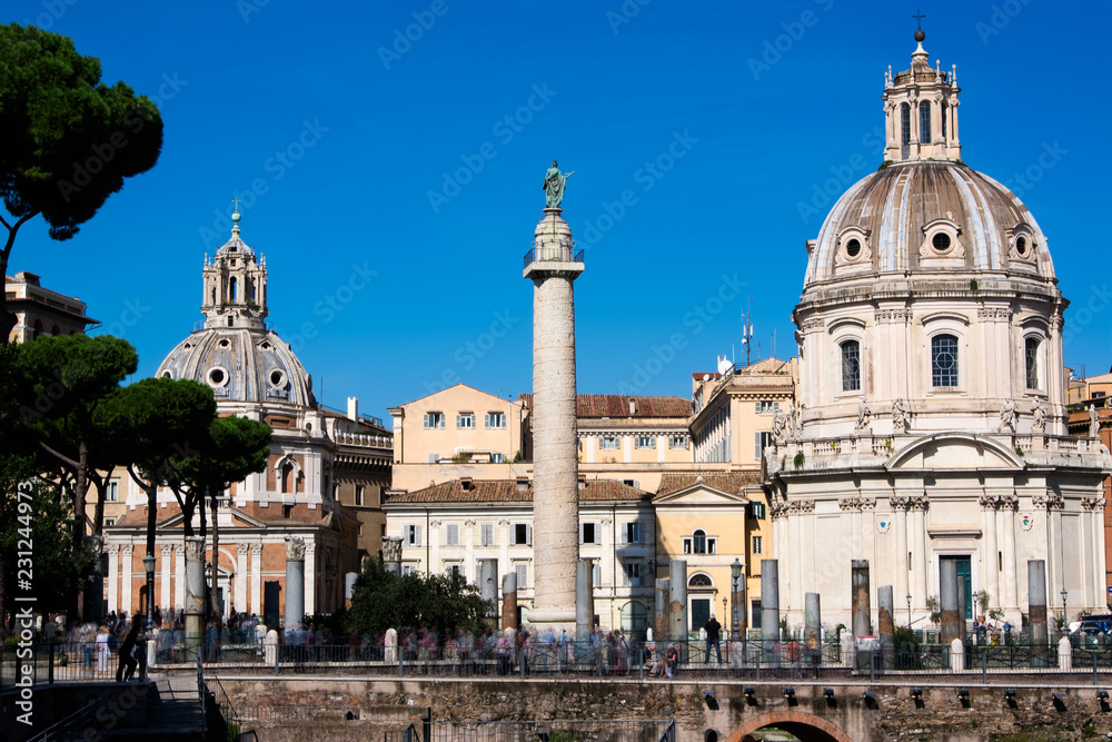 A view of Rome old town from the Trajan's Forum (Forum Traiani). Trajan's Forum was the last of the Imperial fora to be constructed in ancient Rome.