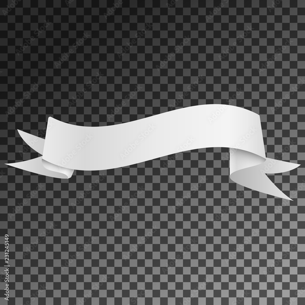 Realistic Shiny White Ribbon banner isolated on transparent background.  With space for text. Vector illustration Stock Vector