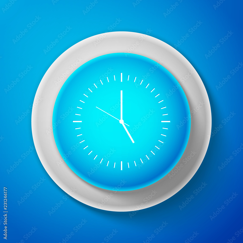 White Clock icon isolated on blue background. Time icon. Circle blue button with white line. Vector Illustration White Clock icon isolated on blue background. Time icon. Circle blue button with white line. Vector Illustration