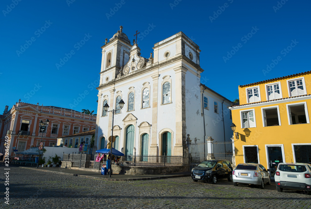 Bright scenic view of classic colonial Portuguese church architecture in a plaza in the historic Pelourinho  neighborhood in Salvador, Bahia, Brazil