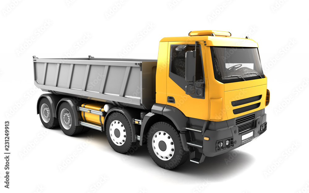 Front side view of the tipper isolated on white background. Right side view. Perspective. 3d illustration.
