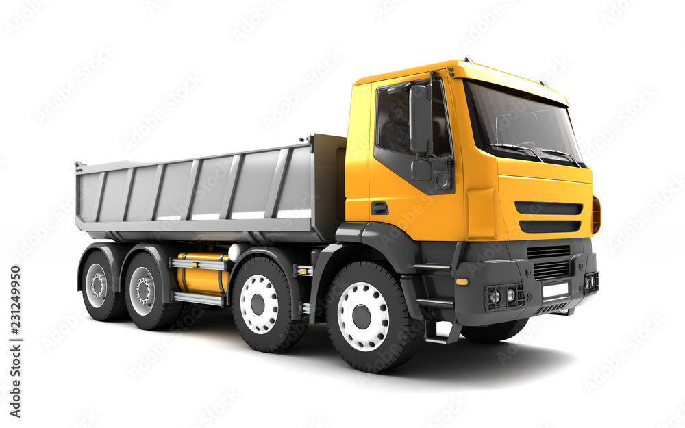 Front side view of the tipper isolated on white background. Right side view. Perspective. 3d illustration.