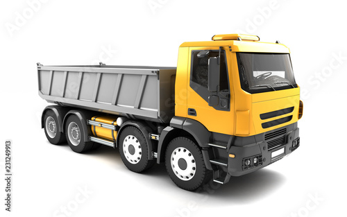 Front side view of the tipper isolated on white background. Right side view. Perspective. 3d illustration.