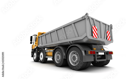 Rear view of the tipper isolated on white background. Perspective. Fish-eye lens. 3d illustration.