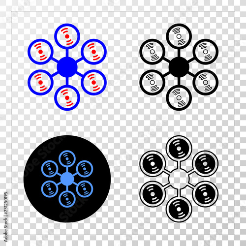 Hexacopter EPS vector pictogram with contour, black and colored versions. Illustration style is flat iconic symbol on chess transparent background.