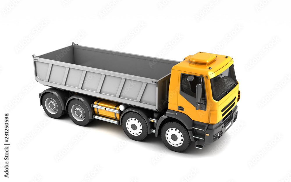 High angle right side view of the tipper isolated on white background. Perspective. 3d illustration.