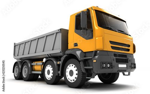 Wide angle front side view of the tipper isolated on white background. Right side view. Perspective. 3d illustration.