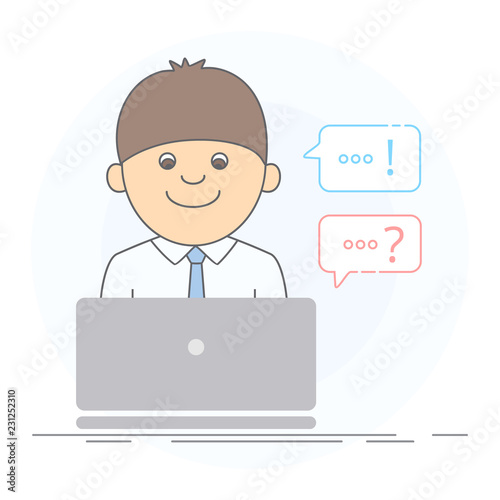 Concept of technical support on the Internet. A friendly young man working on computer, supporter, online support or chatting, answers and questions. Isolated vector illustration in line style.