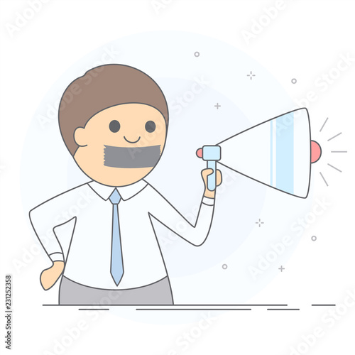 Concept of advertising blocking. Stop spam. Man with a taped mouth can't speak into a megaphone. Hand drawn style, vector illustration, white background.