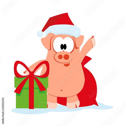 Happy new year. pig with Christmas santa’s red cap.  © iegor